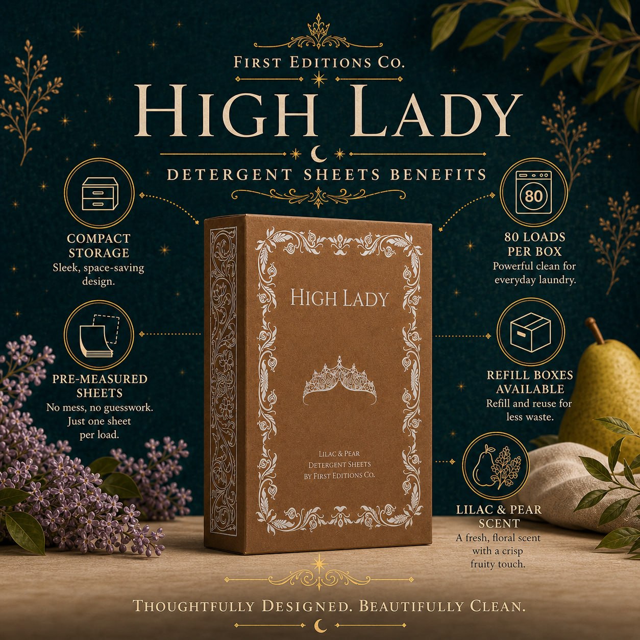 High Lady detergent-sheet benefits illustration: compact storage, pre-measured sheets, refill boxes, and lilac and pear scent. The illustrated 80 loads assumes half a sheet per small load.