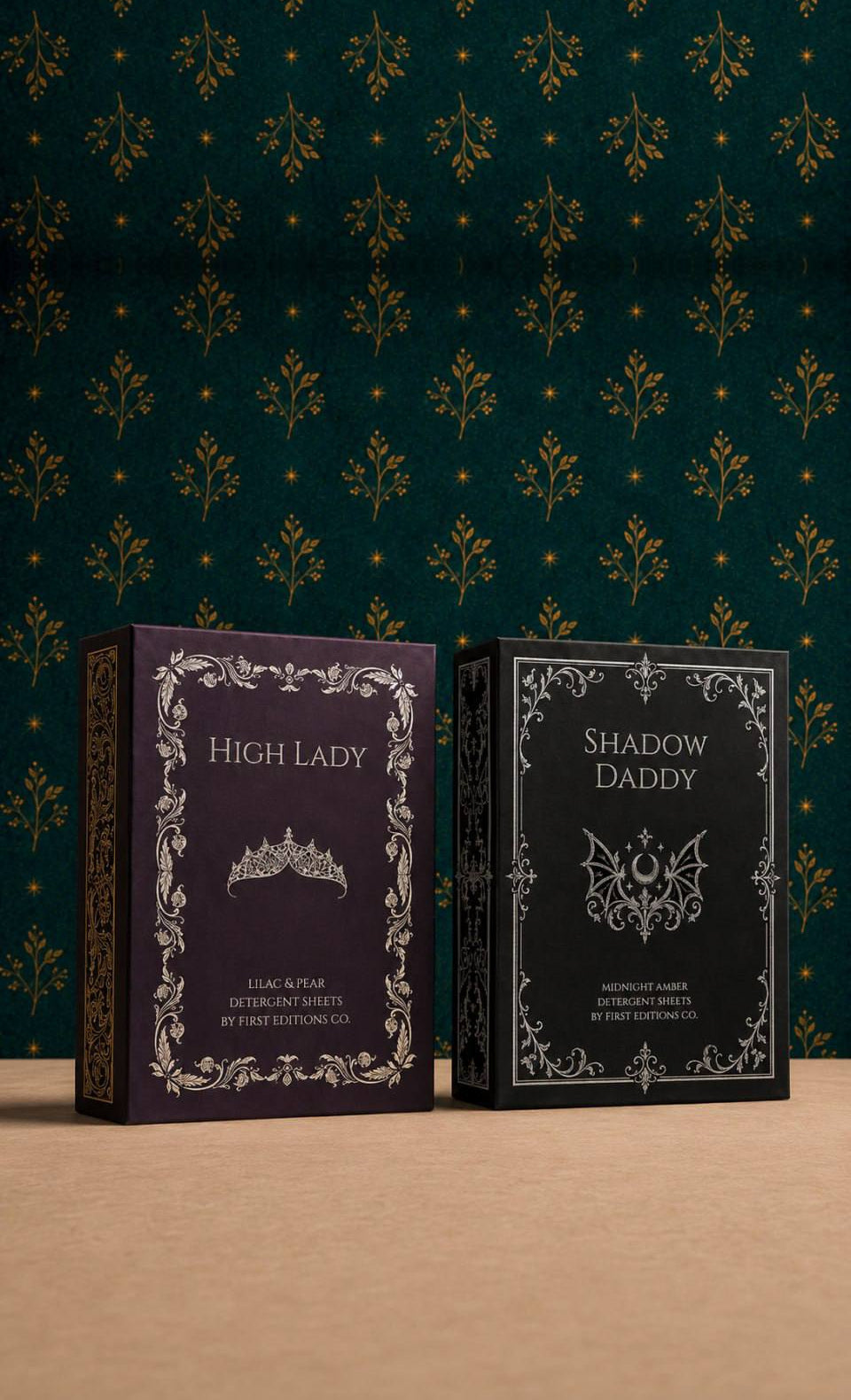 High Lady and Shadow Daddy hardcovers against a green damask wall