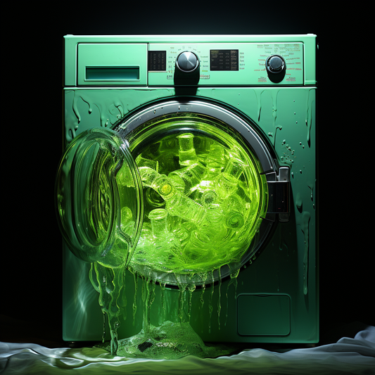 A stark image of hazardous chemical symbols on laundry products, advocating for the clean, non-toxic option from First Editions Co.