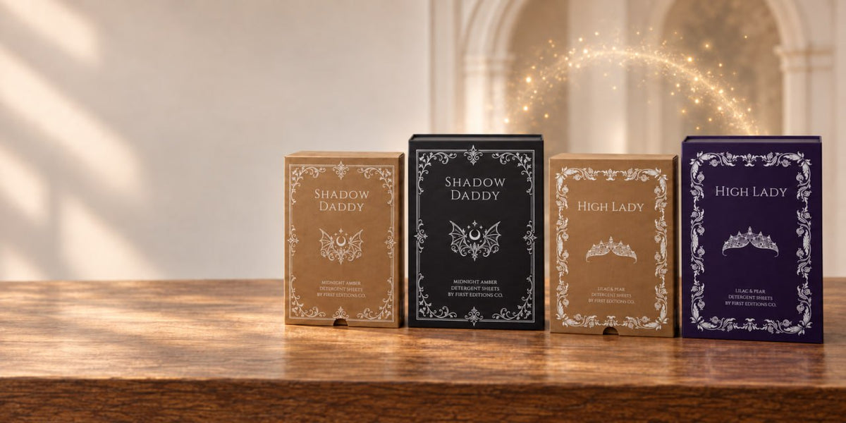 High Lady and Shadow Daddy hardcovers and kraft refills on a warm wooden table