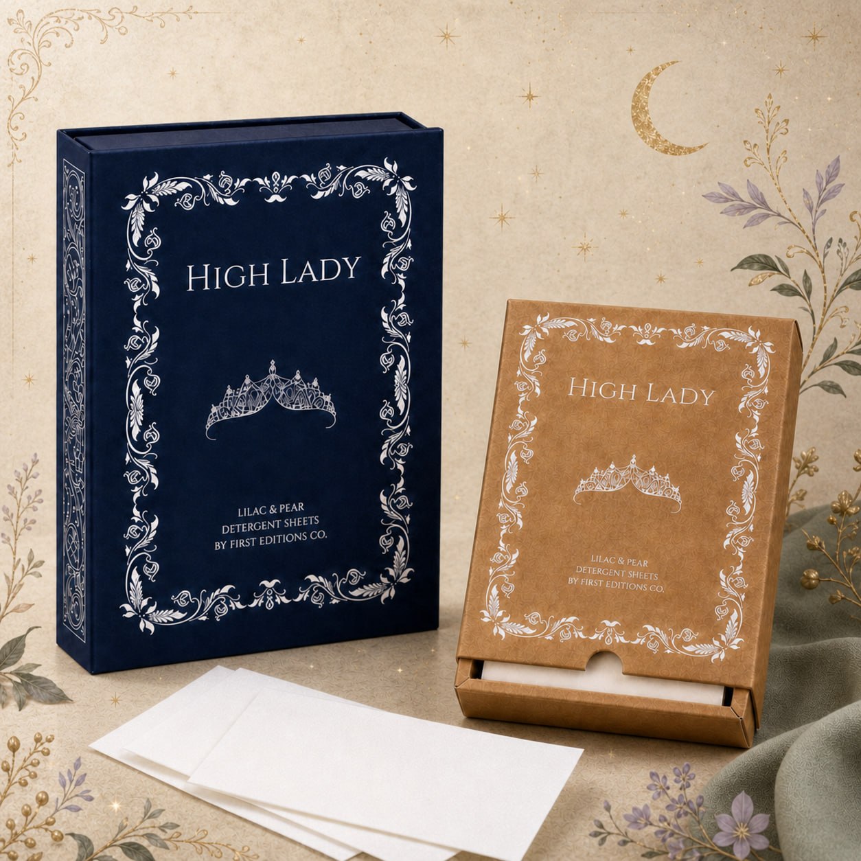 High Lady laundry detergent sheets with hardcover-inspired shelf styling and detergent sheets on a botanical parchment background