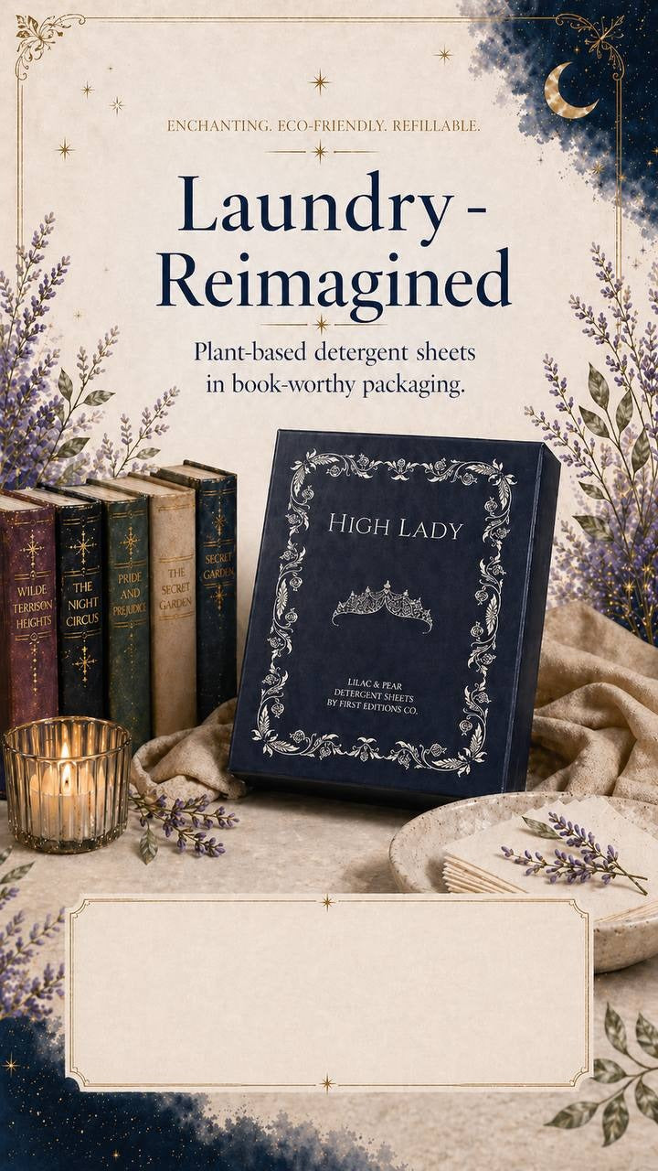 High Lady laundry detergent sheets with hardcover-inspired shelf styling and Shop Now and Learn More calls to action
