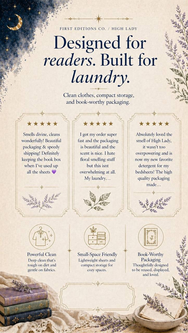 High Lady laundry sheets reviews and benefits including easy storage, low-waste packaging, and detergent sheets for bookish homes