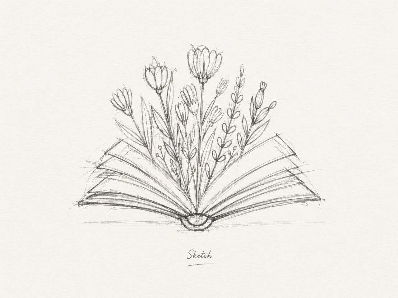 A pencil sketch of an open book with flowers growing from its pages.