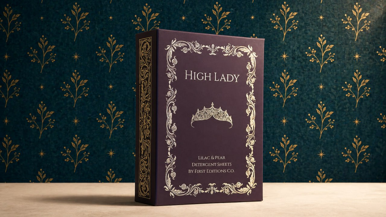 High Lady book-style detergent box shown without CTA text