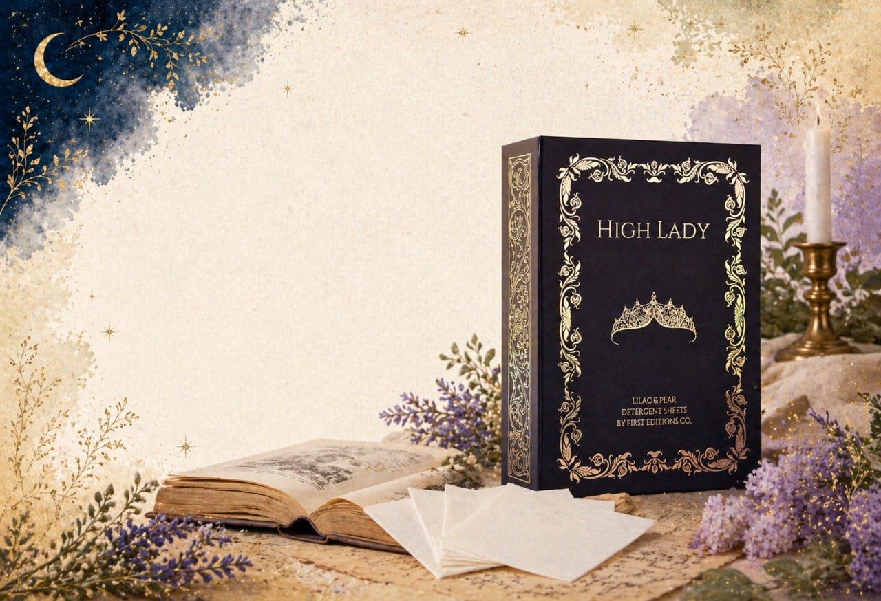 High Lady laundry detergent displayed in a moody bookish celestial scene