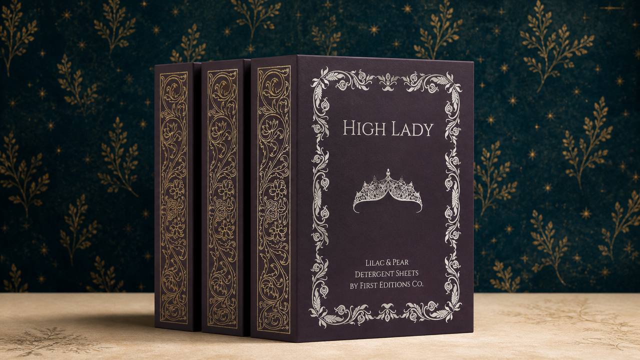 High Lady purple laundry sheet boxes styled like elegant book spines