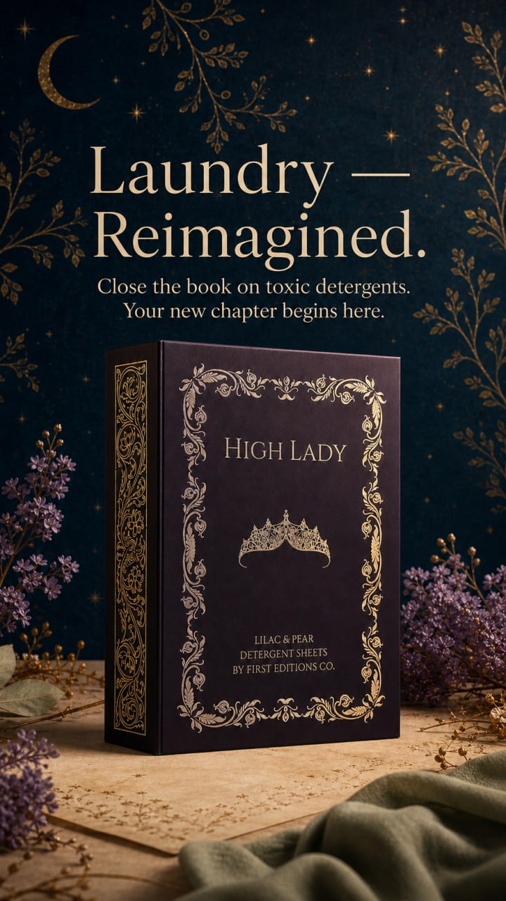 High Lady laundry detergent sheets with hardcover-inspired shelf styling and Shop Now and Learn More calls to action