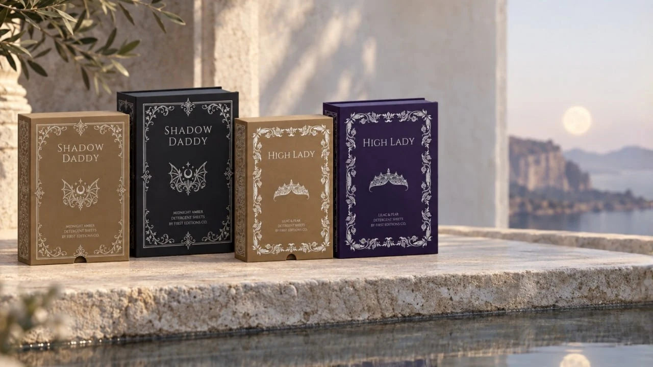 High Lady and Shadow Daddy refills and hardcovers on a wooden table in a warm architectural setting