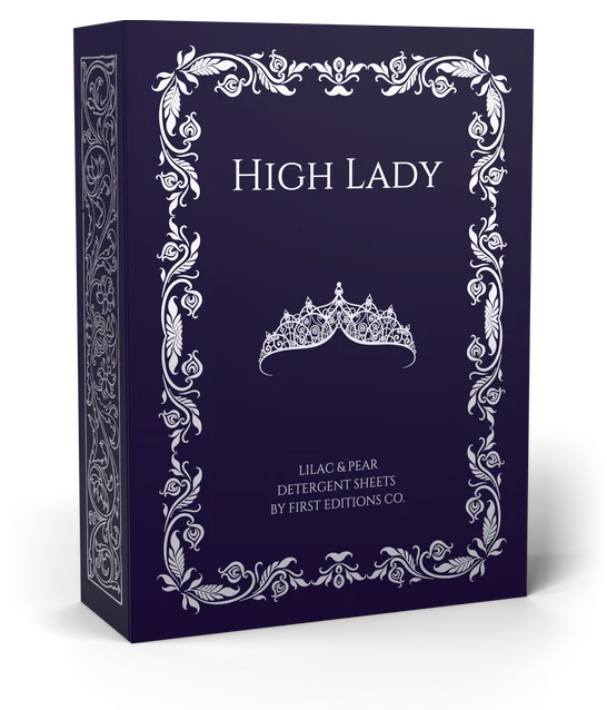 High Lady hardcover box: dark purple with silver filigree border and tiara
